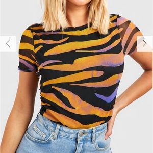 Boohoo Mesh Zebra Print Ruched Top
